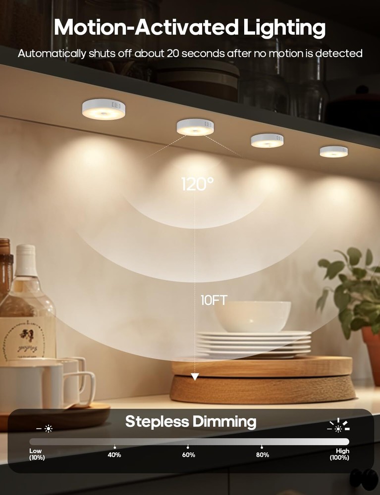 Led Under Cabinet Lights Wireless Motion Sensor Rechargeable Light Puck Light...