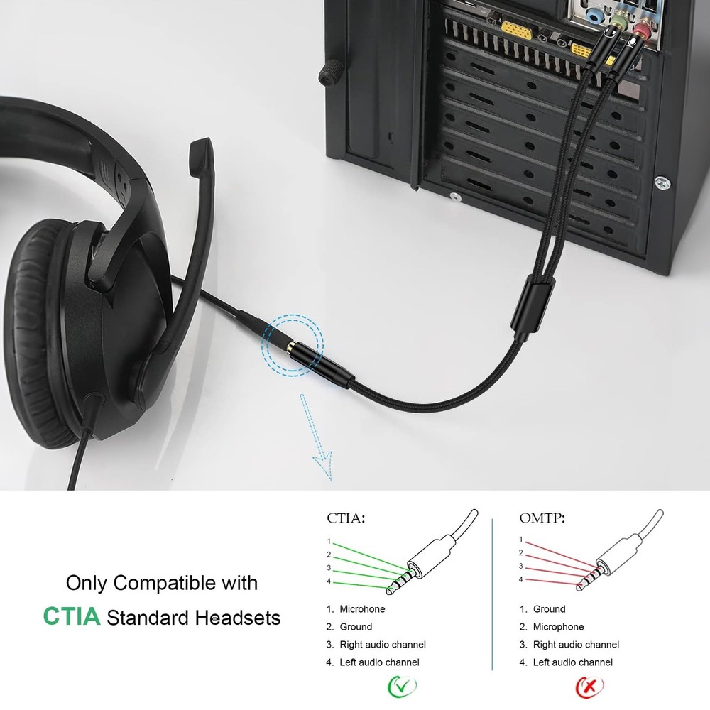 PC Headset Splitter Cable 3.5mm Mic AUX Audio Computer Headphone Black
