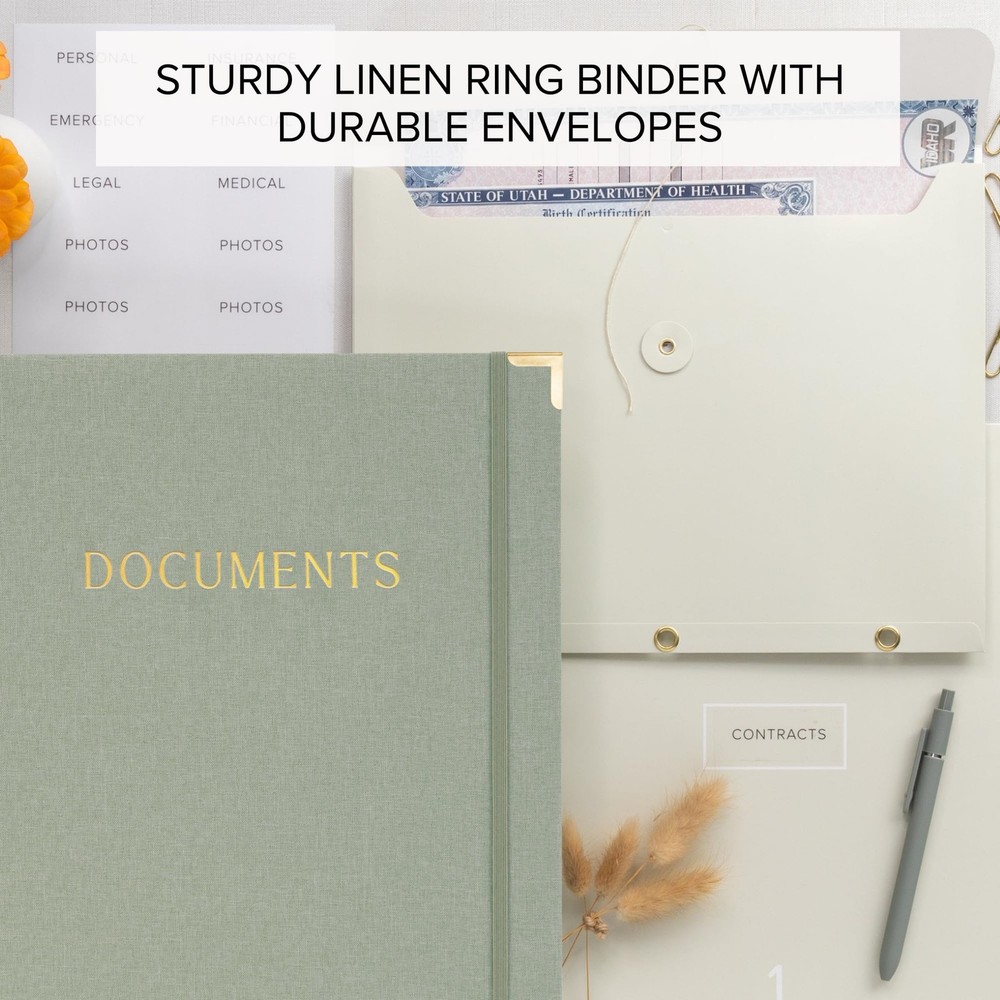 Sturdy Document Organizer Set with Folders - Beautiful Linen 3-Ring Binder Sa...