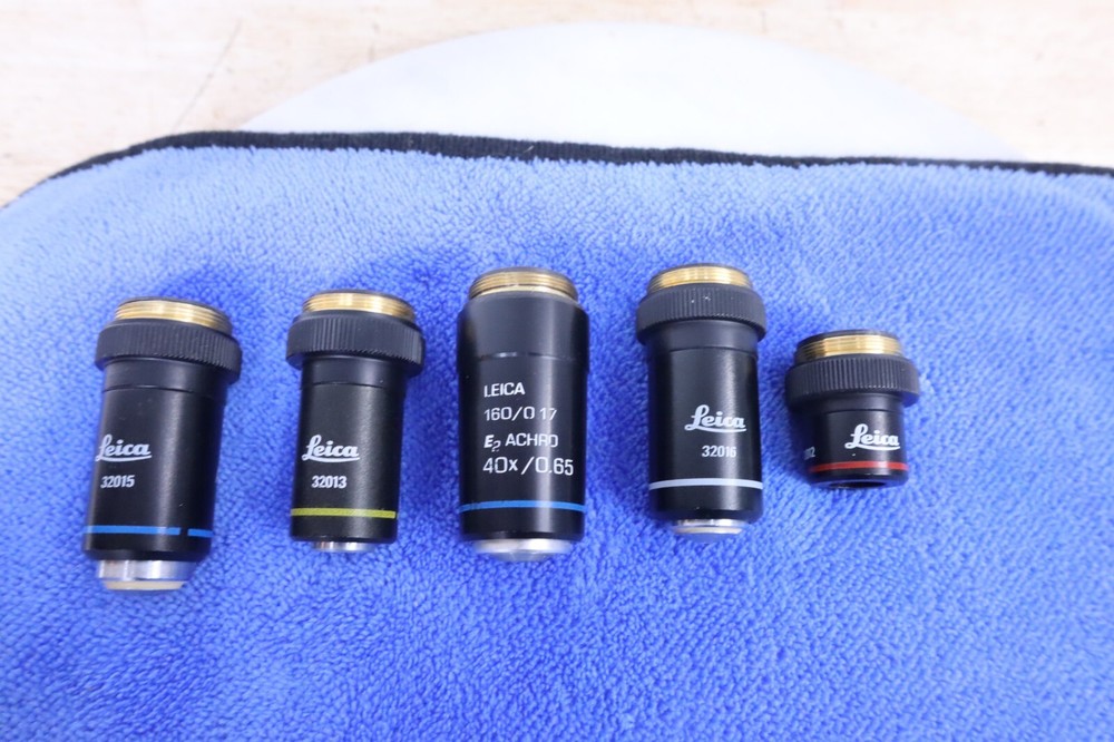 x5 Used Leica Achro Microscope Objectives #32016 32012 32015 32013 & E2 Germany