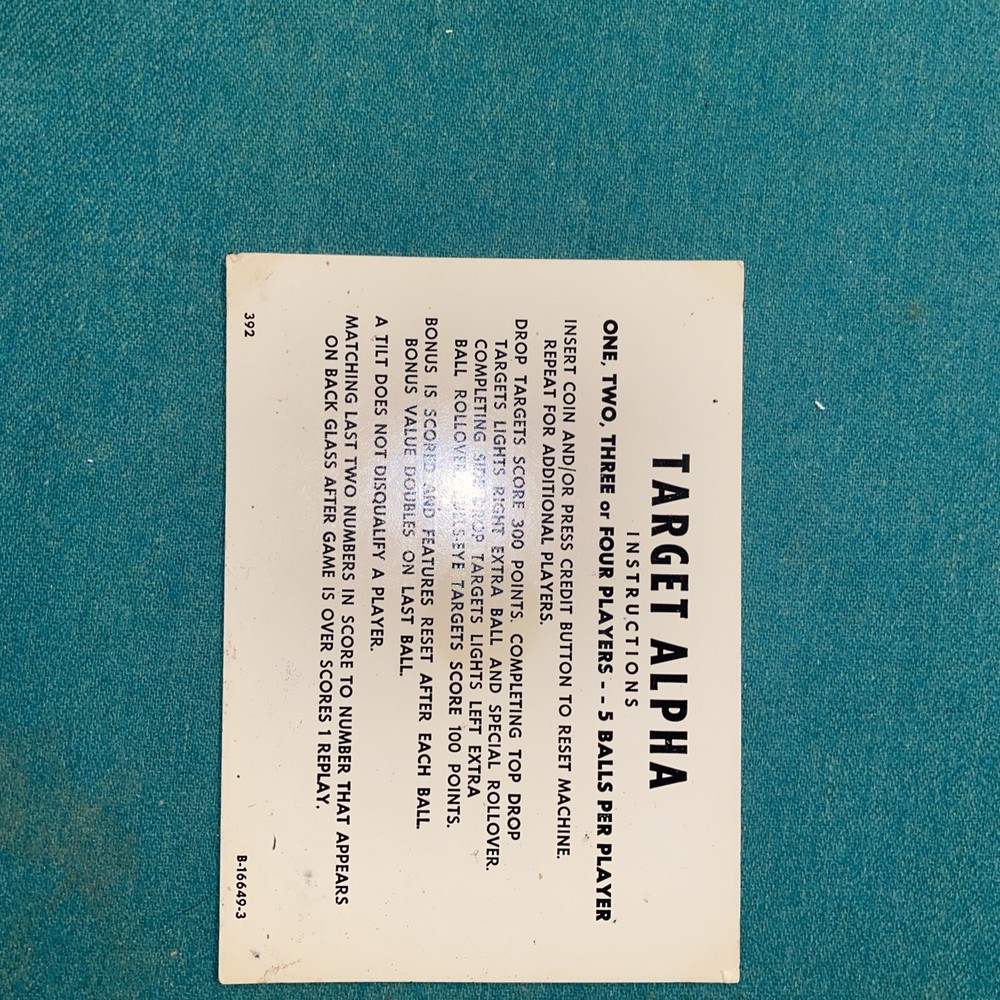 Gottlieb target alpha instruction card￼