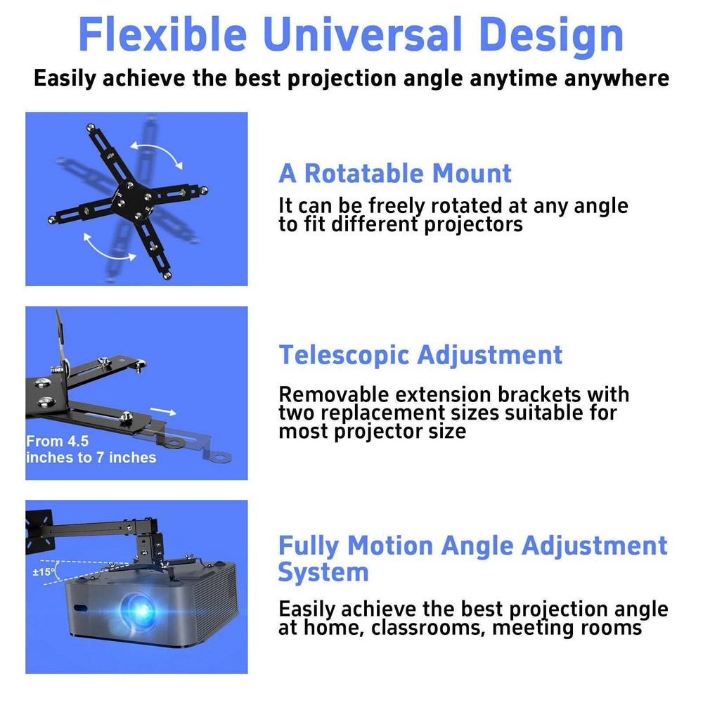 Projector Mount Ceiling/Wall - Universal 3-in-1 Bracket with Extension Pole