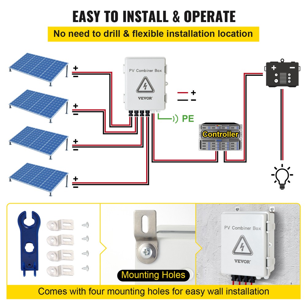 VEVOR Solar PV Combiner Box 4 String 15A for Solar Panel System ABS Case IP65