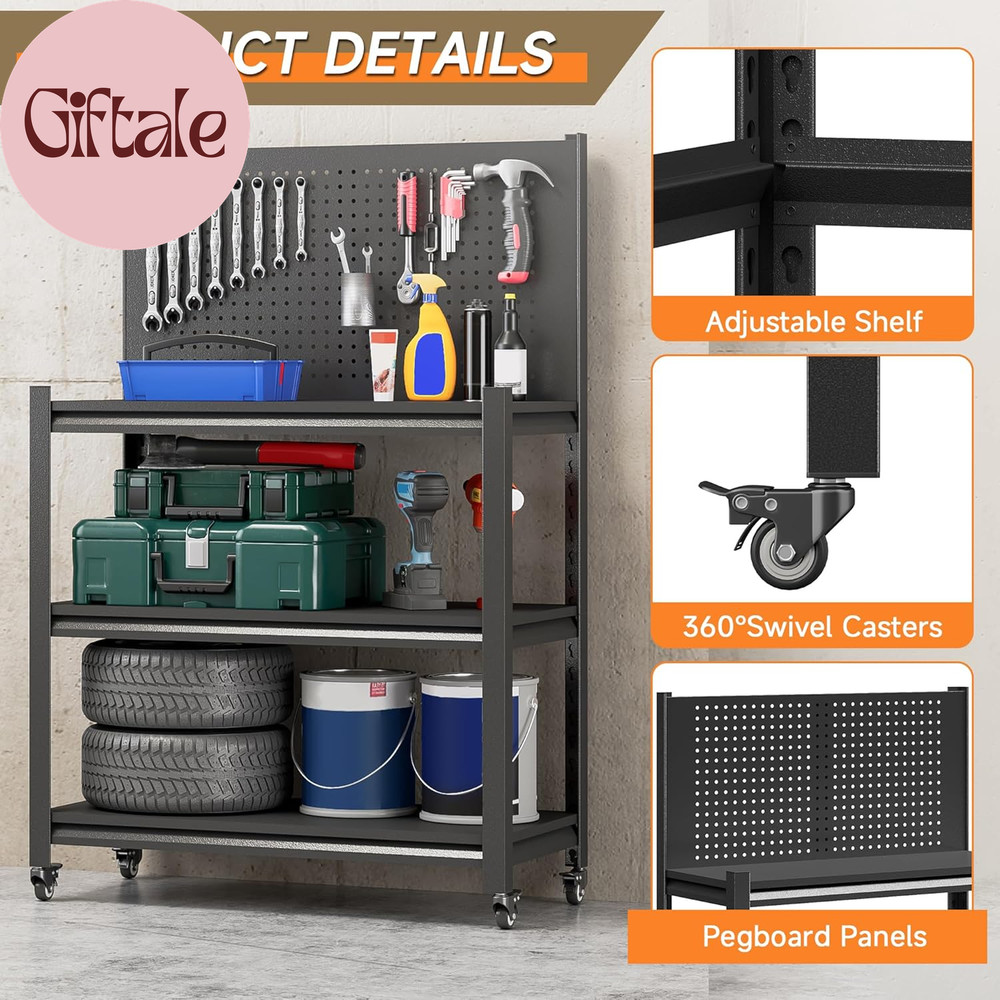 Workbench with Pegboard, Adjustable Heavy Duty Work Table with Wheels, Heavy Dut