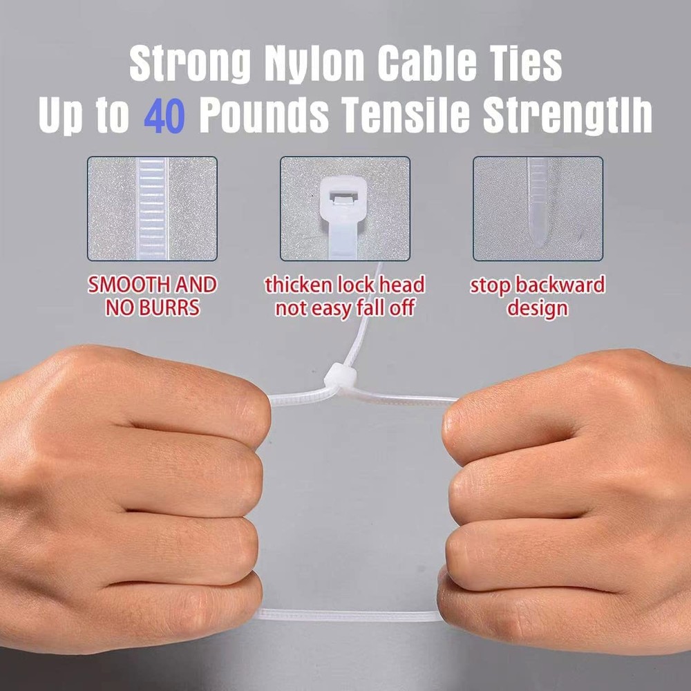 White Zip Ties 8 Inch 2000 Pack Bulk, 40 lb Cable Ties, Nylon Self Locking Wi...