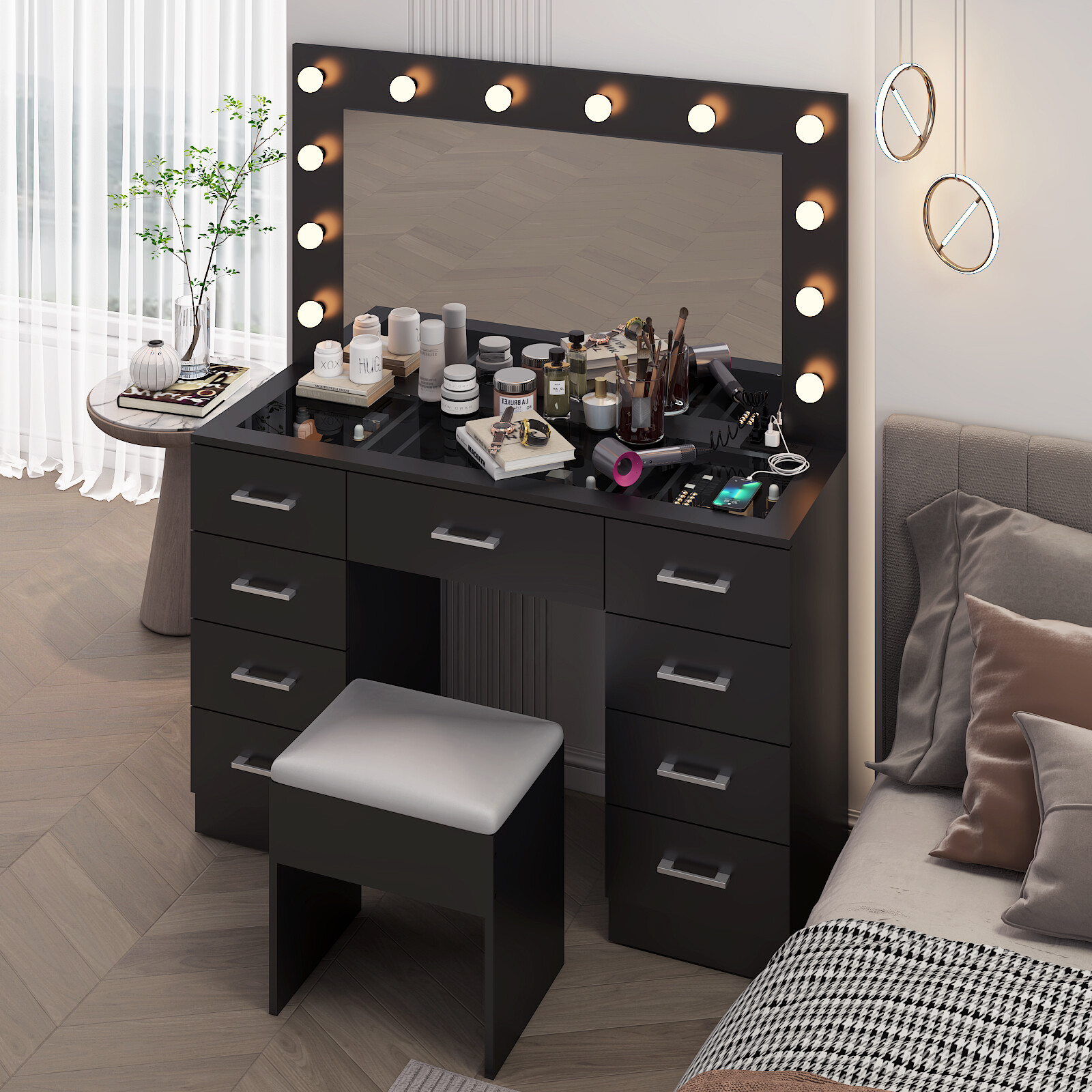 Vanity Set Desk 9 Drawers Large Mirror with Power Outlet LED Lights Makeup Table