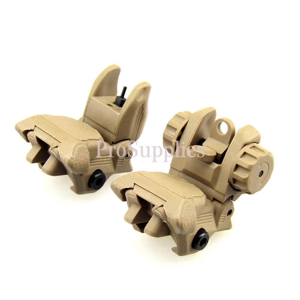 TAN Polymer Flip Up Folding Auto Deploy Front & Rear BUIS Back Up Sight Set