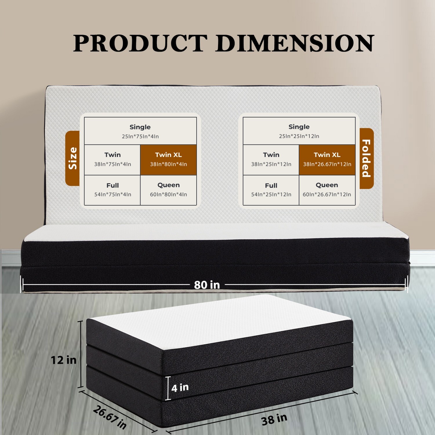 4" Tri-fold Memory Foam Mattress, Foldable Portable Floor Bed,Washable Cover