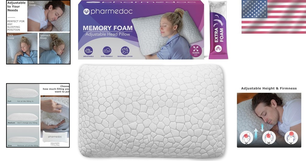 Pharmedoc Adjustable Shredded Memory Foam Bed Pillow - Perfect for Side Sleep