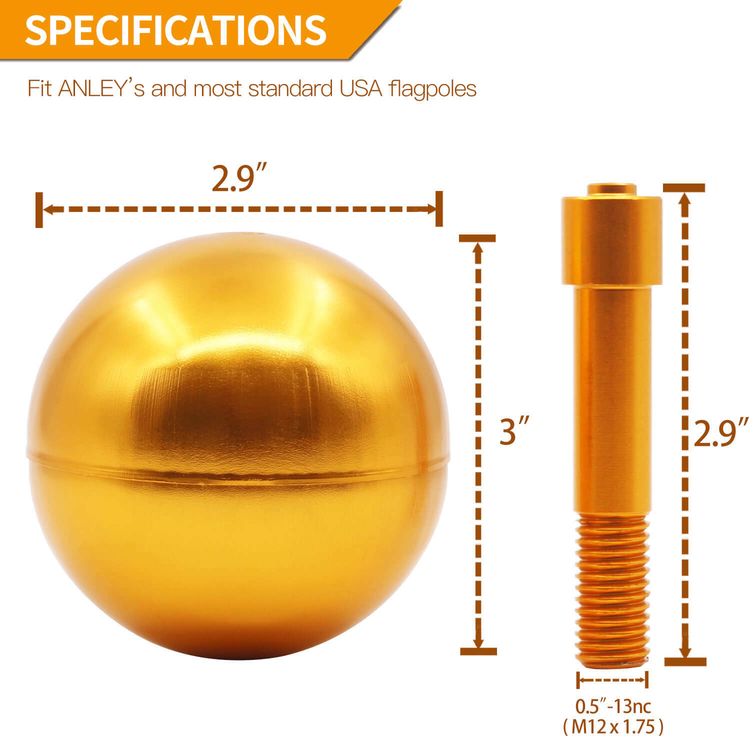 Anley Authentic 3" Flagpole Ball Topper Ornament - Gold Anodized Aluminum Finish