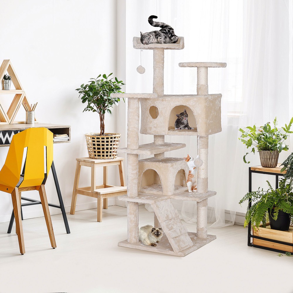 55'' Multi-Level Cat Condo Tower Kitty Cat Tree with Scratching Post Beige