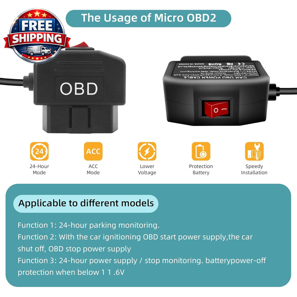 OBD Power Cable for Dash Camera, USB C OBD2 Dash Cam Power Cable with Switch But