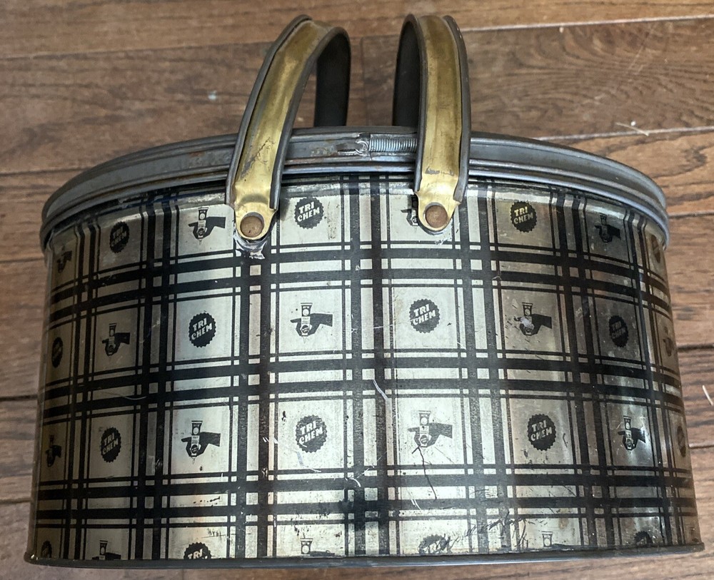 Tri-Chem Oval Lidded Eagle Pattern Picnic Basket Tin Black & Gold