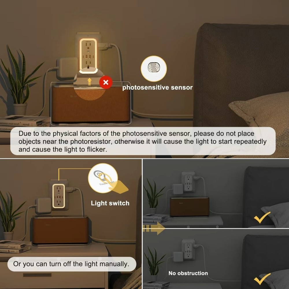 Wall Adapter 6 Outlet Extender Surge Protector Multi Plug USB Charger Port