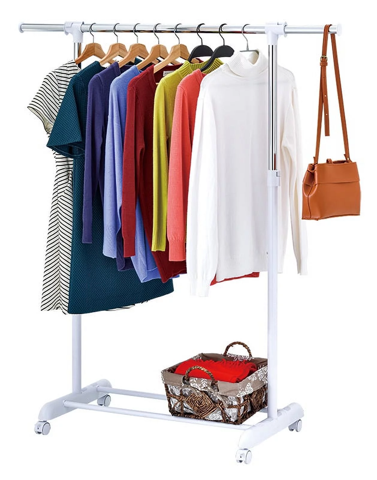 Heavy Clothes Hanger Adjustable Height Rolling Garment Rack Metal Chrome White