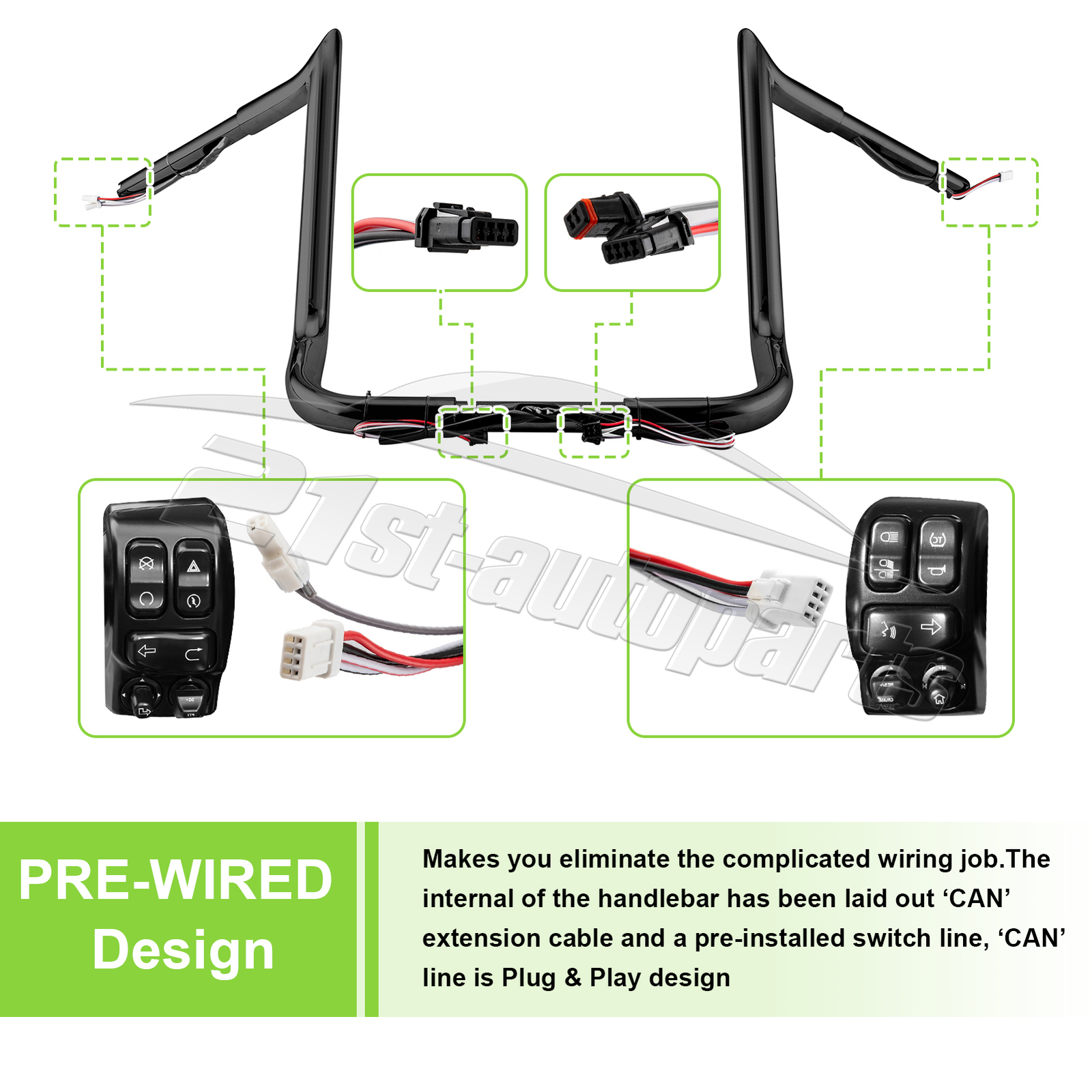 Gloss Black 14" Pre-Wired Meathook Handlebars For Harley Electra Glide 2014-2023