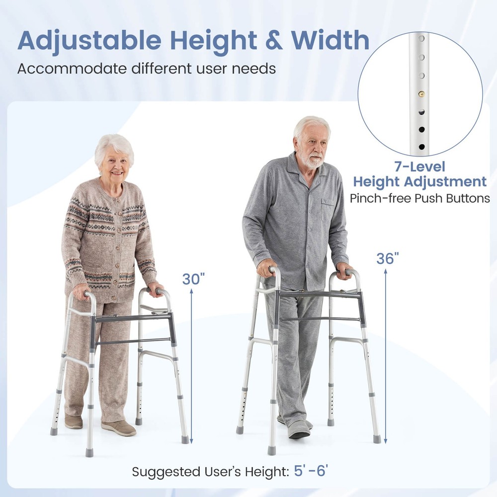 2-Button Folding Walker, 7-Level Adjustable Height, Lightweight Aluminum