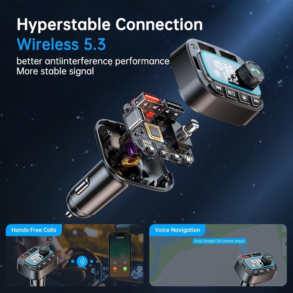 Multifunctional FM Transmitter with Deep Bass, Noise Cancellation & USB Charging