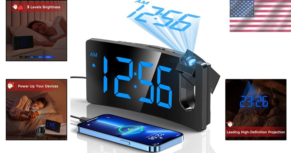 Clear Projection Digital Alarm Clock with Adjustable Brightness & USB Charging
