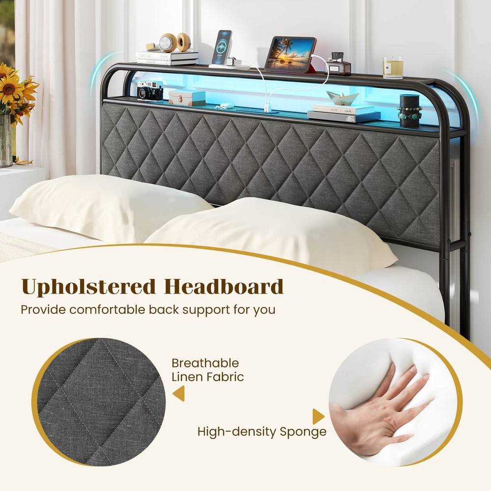Queen Size Bed Frame with LED Lights & Charging Station Storage Headboard