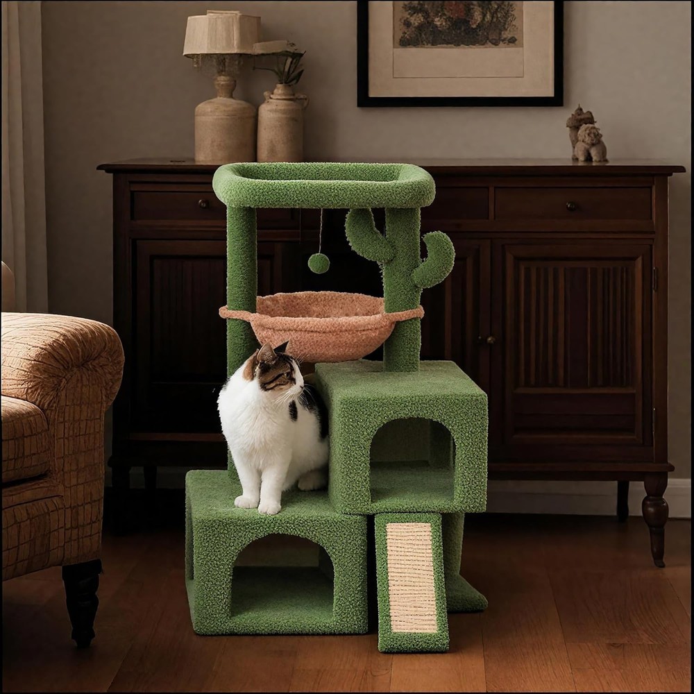 Chic 37.4" Cactus Cat Tree: Multi-Level Tower with Cozy Hammock & Scratching Pad