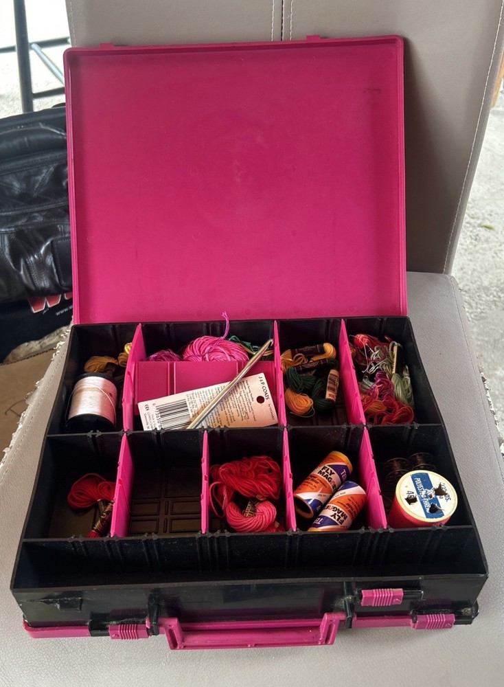 Pink Black Plastic Sewing Storage Box with Thread, Floss, Needles, Yarn