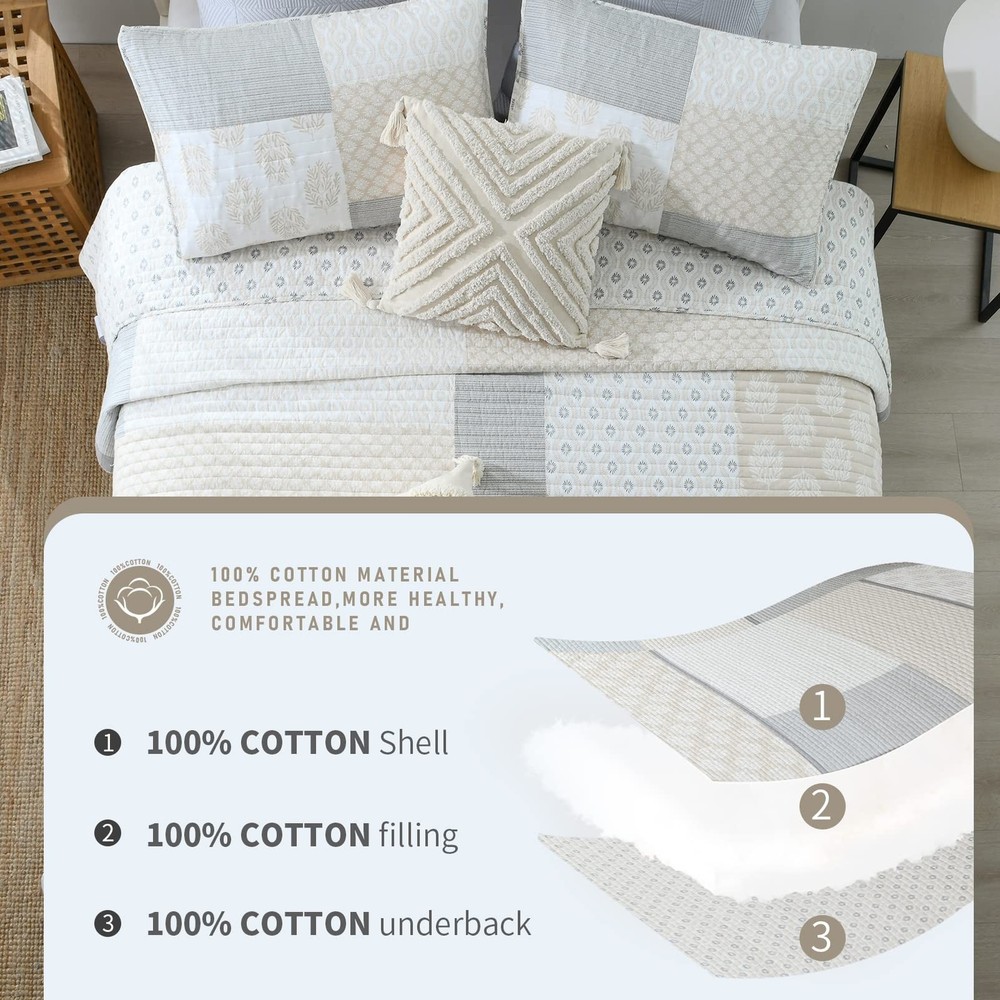 Finlonte Quilt Set King Size - 100% Cotton King Comforter Set, Patchwork Beds...