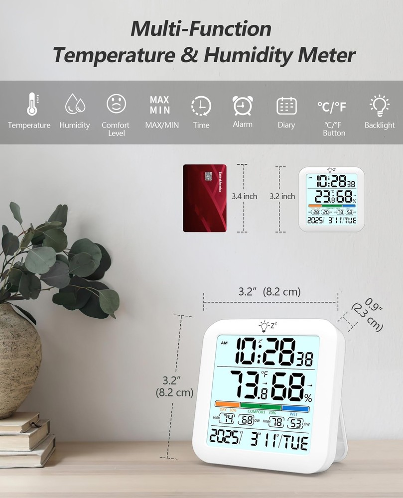 Mini Digital Indoor Thermometer Hygrometer Clock, Room Temperature Humidity...