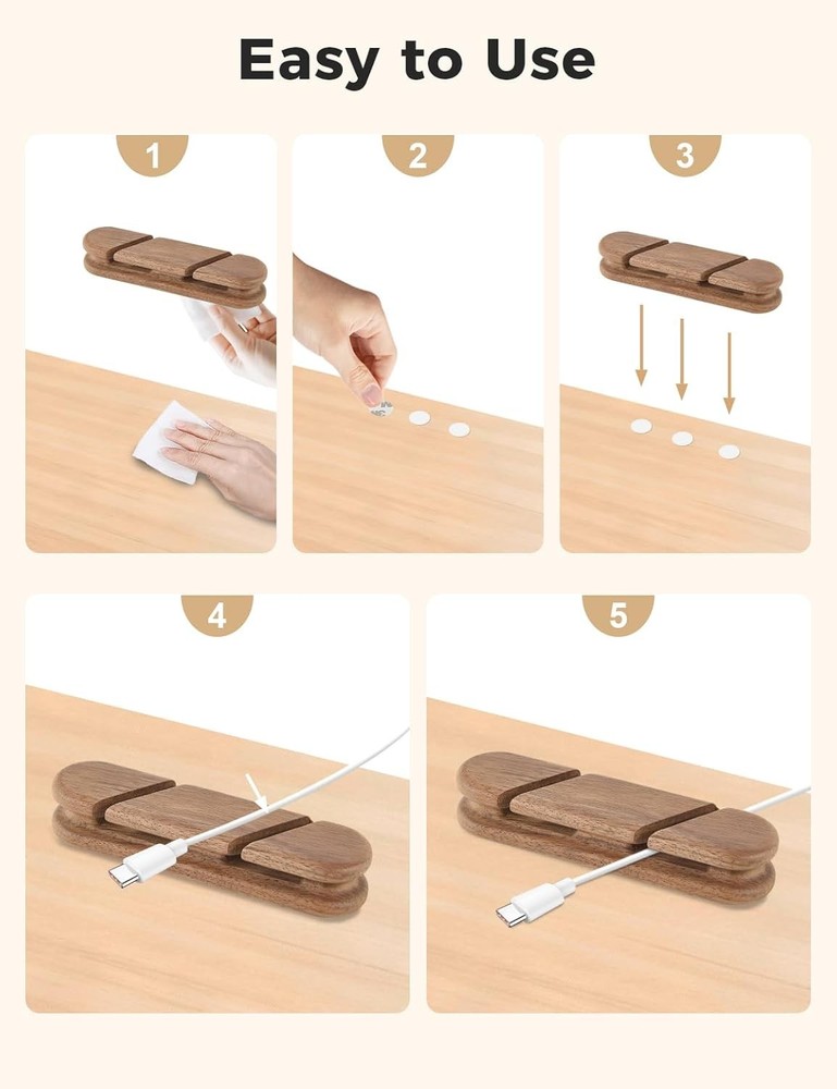 Solid Walnut Cable Holder Adhesive Wood Cord Organizer