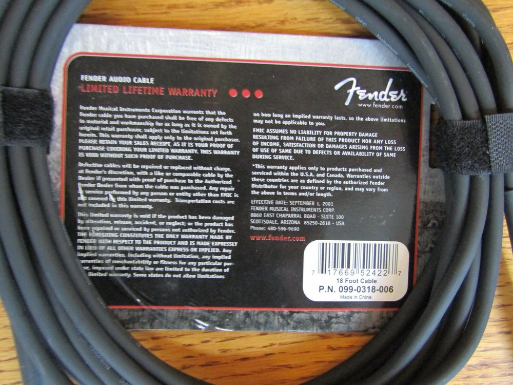 FENDER ELECTRO-VOLT BLACK GUITAR CABLE / CORD - 18' FOOT