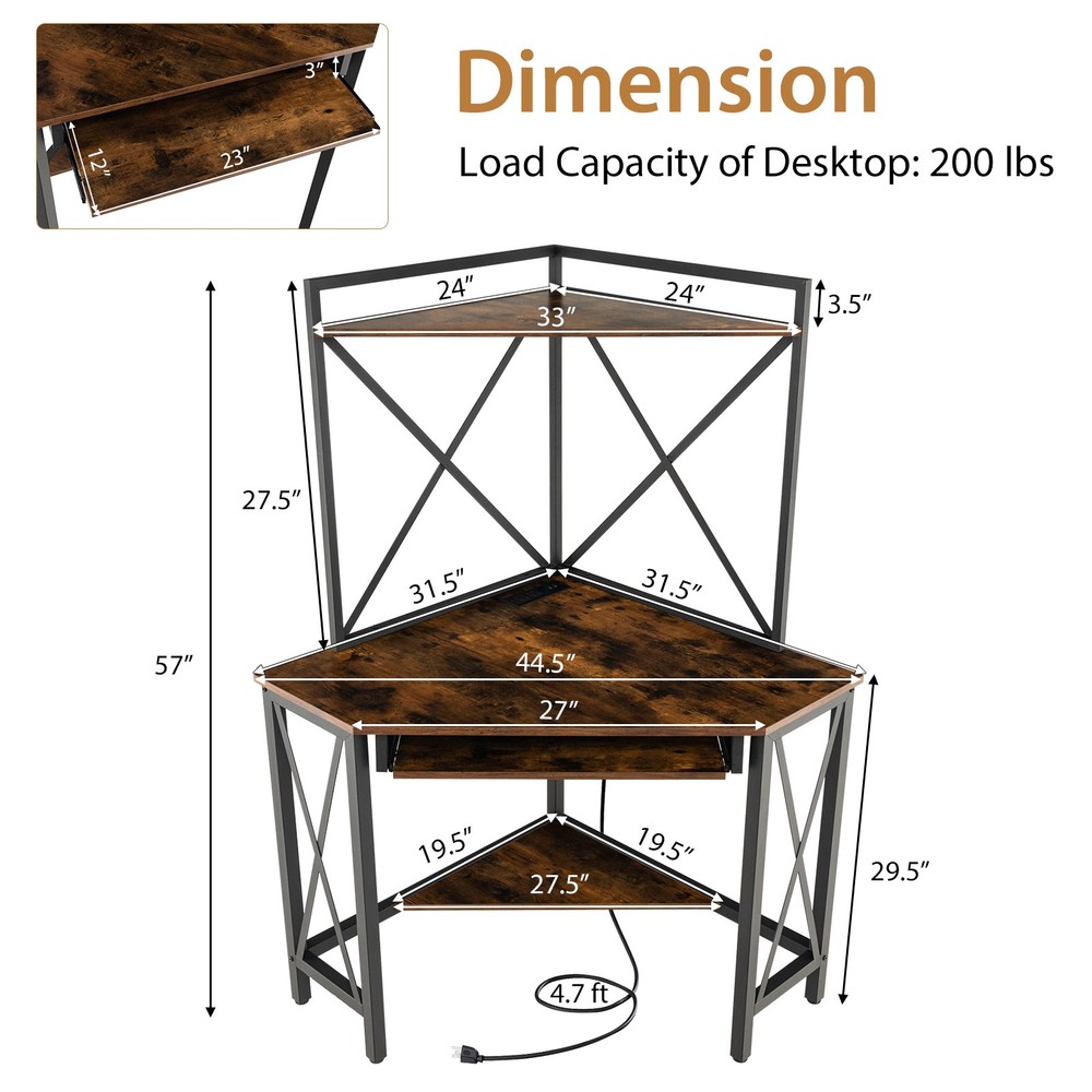 Corner Desk Space-Saving Computer Desk w/ Shelves & Keyboard Tray Rustic Brown