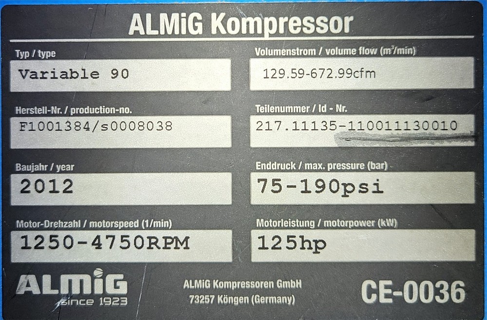 Almig 125hp. Variable speed rotary screw air compressor tested