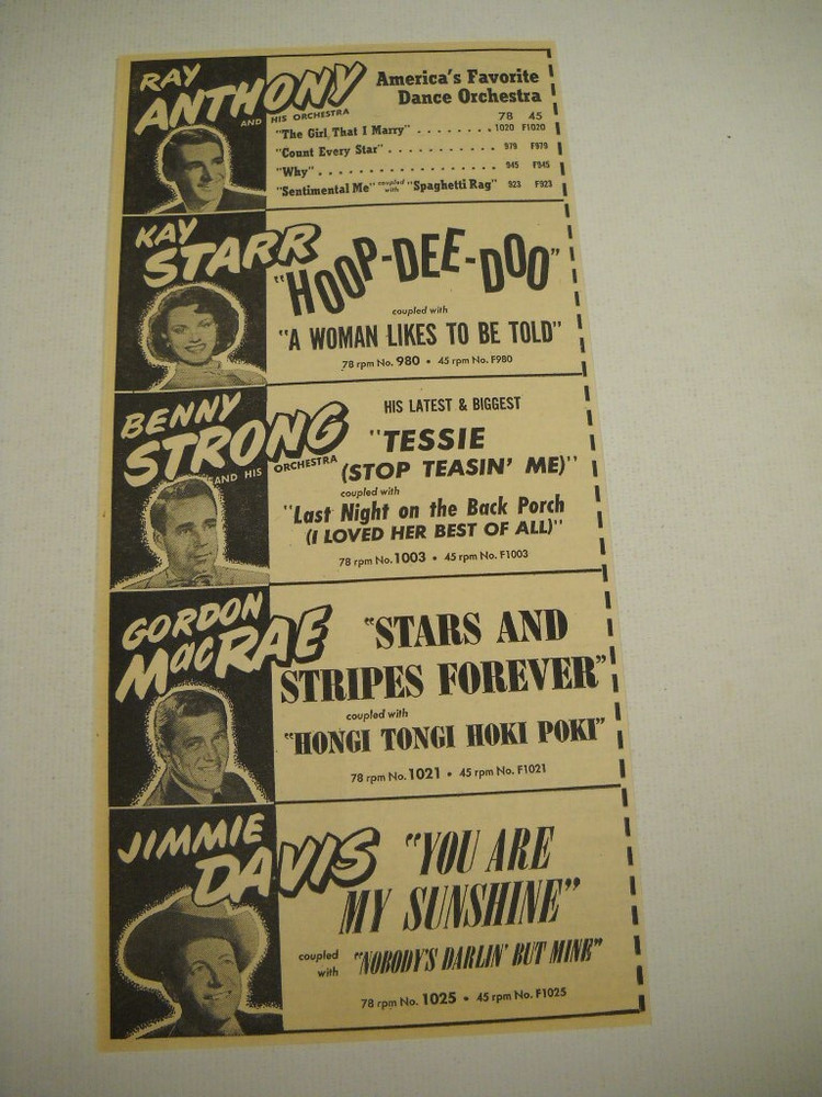 RAY ANTHONY Kay Starr BENNY STRONG Jimmie Davis original 1950 Promo Trade Advert