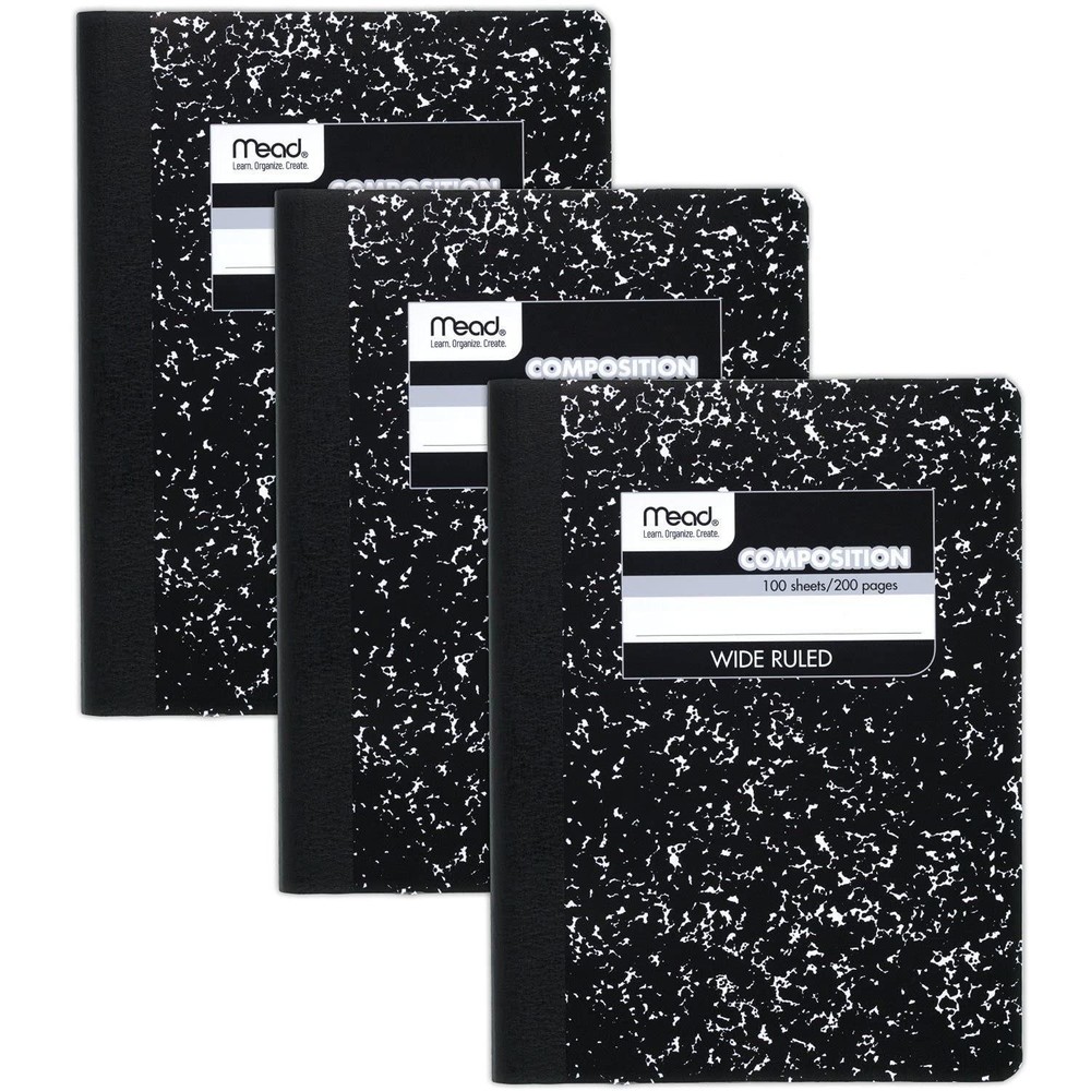 Composition Notebook 3 Pack, Wide Ruled, 7.5" X 9.75", 100 Sheets Each