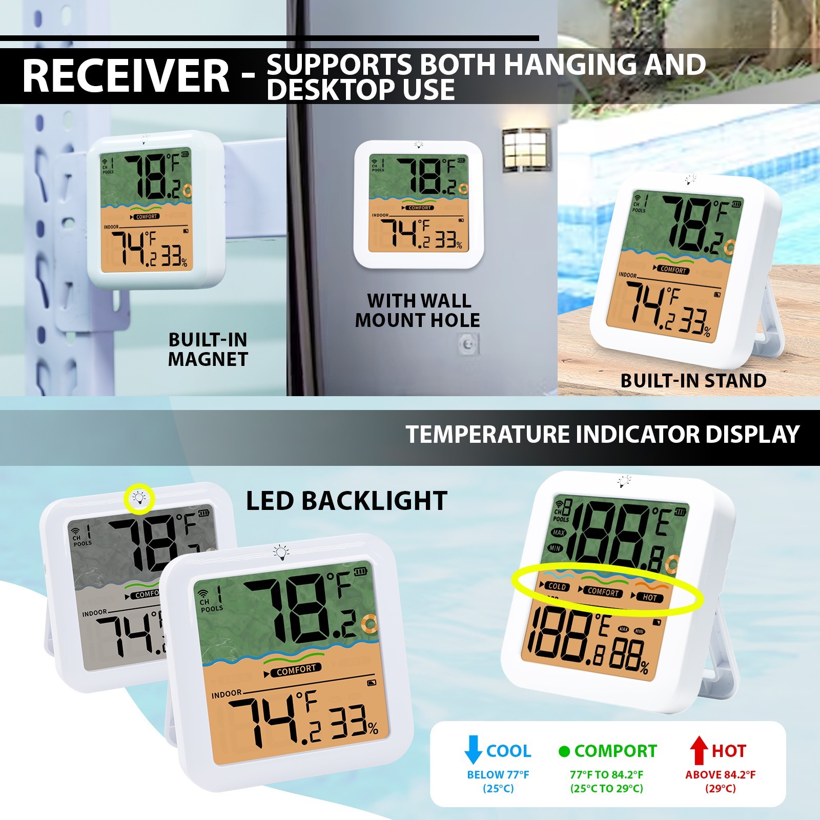 ILTH-518 Solar Wireless Pool Thermometer RGB IP68 Floating with Receiver