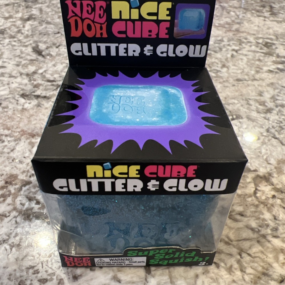 Nee Doh Nice Cube Glitter & Glow Super Solid Squeezable NEW NEEDOH VIRAL Blue