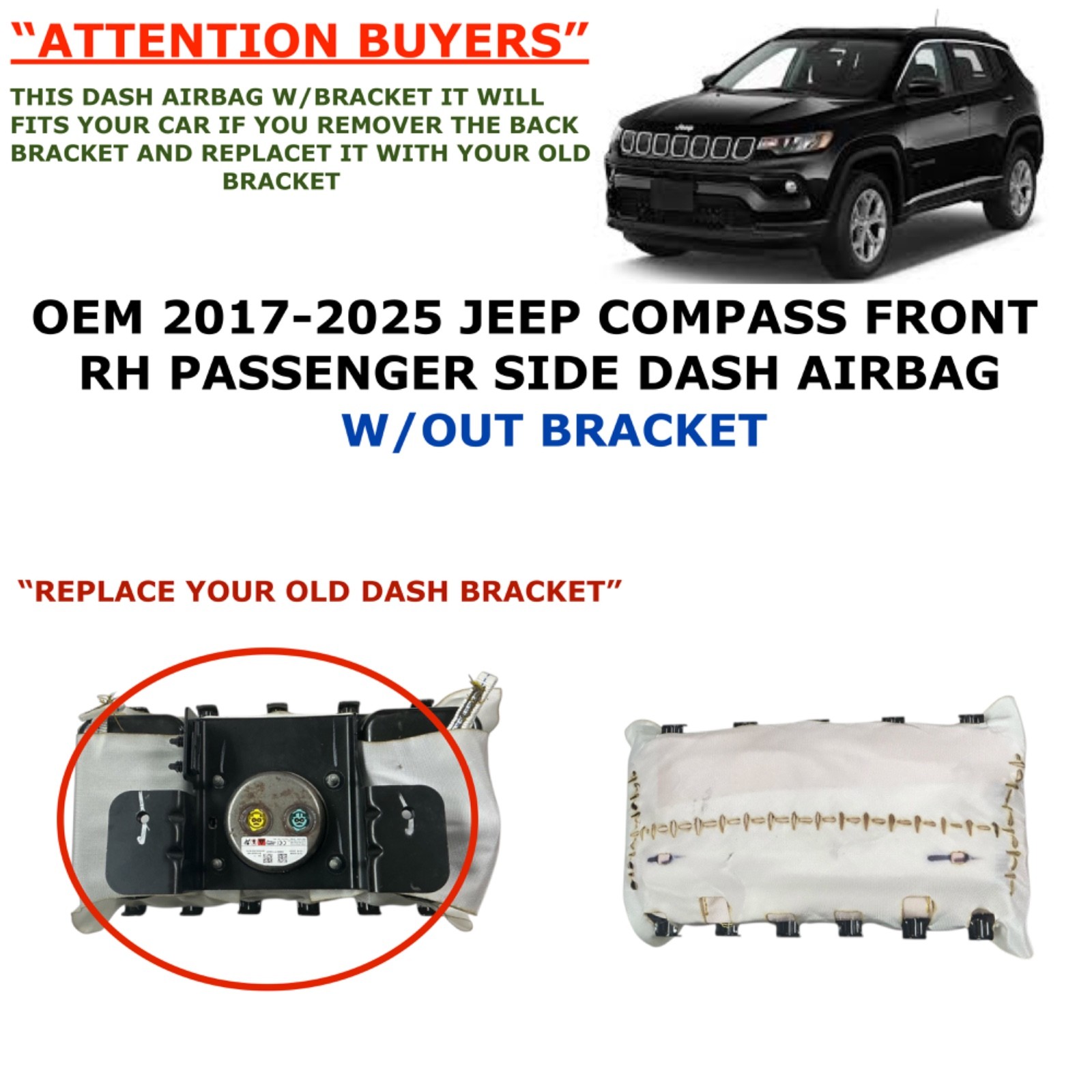 2017 18 19 20 21 22 23 24 2025 Jeep Compass right side dash airbag W/O BRACKET