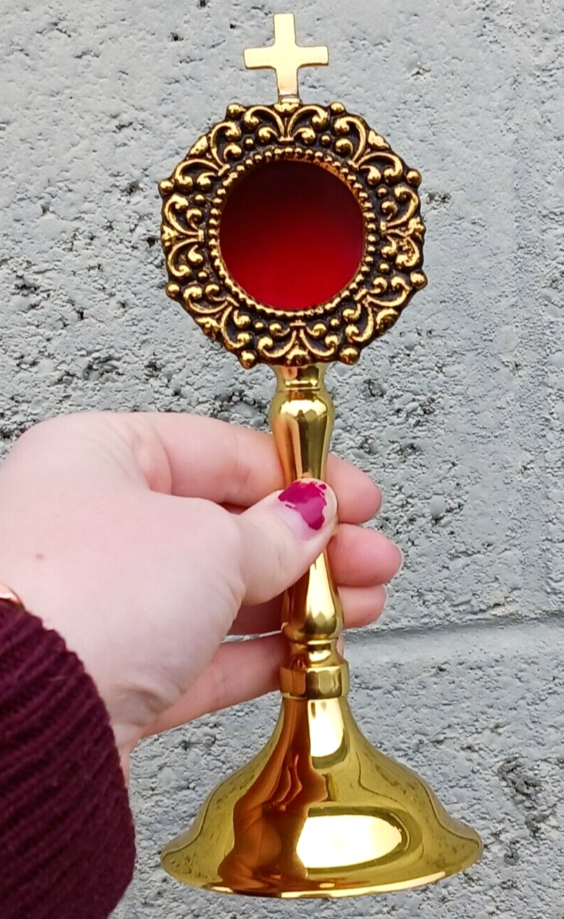 Antiqued Brass Personal Reliquary for Catholic Church or Home Use 8 Inch