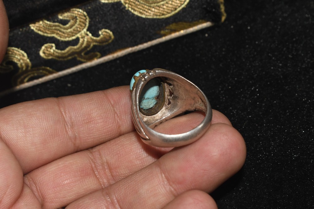 Large Antique old Near Eastern Solid Silver ring With Turquoise Stone Bezel