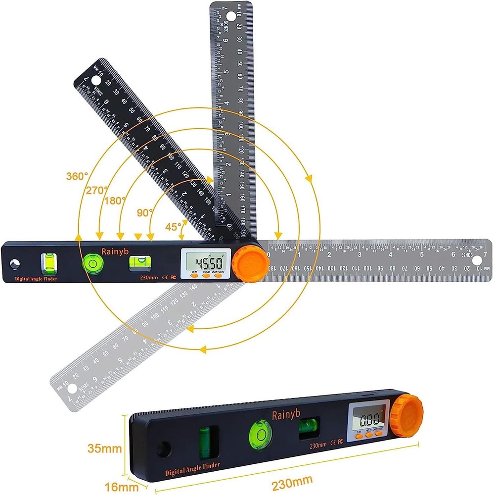 Rainyb Digital Angle Finder Tool 7inch 0360 degree LCD Digital Protractor wit...