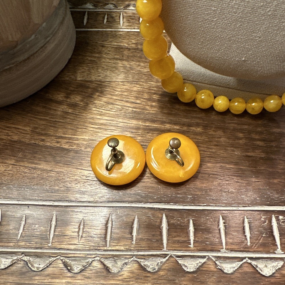 Yellow Beaded Necklace & Matching Screw back Button Earrings