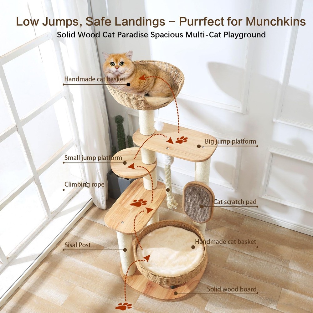 Large Cat Tree Tower 49.6" with Scratching Post, Multi-Level Condo & Bed