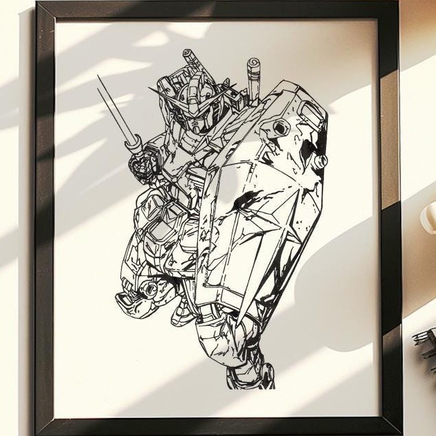 Hand Drawn (Not a Print) Gundam RX-78 Framed Pen & Ink Art Drawing