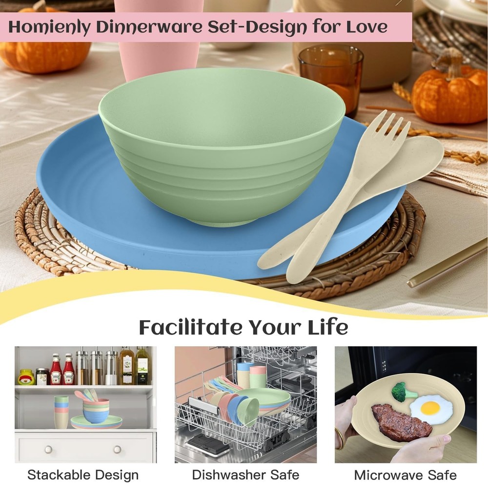 Wheat Straw Dinnerware Sets, 20 PCS Dishes 20 PCS, Multicolor-Light