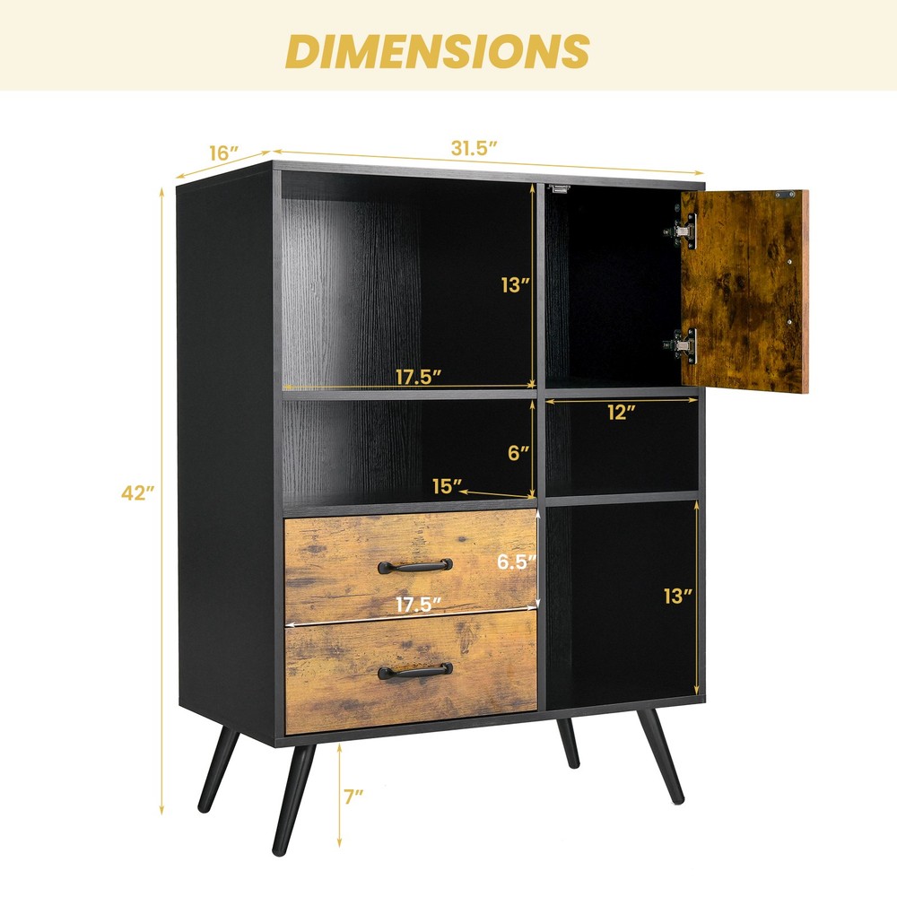 Buffet Cabinet w/ Spacious Tabletop & 2 Pull-out Drawers Rustic Brown Black
