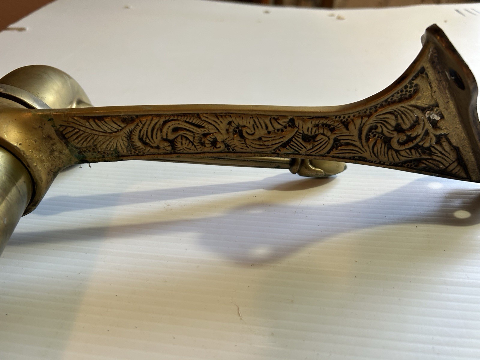 ANTIQUE BRASS BAR END RAIL AND FANCY DECORATED RAIL HANGERS