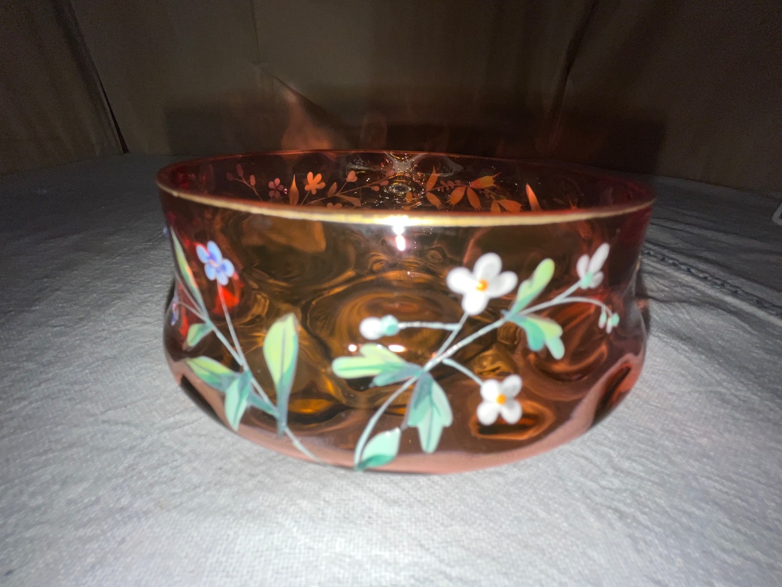 Victorian Enameled Amberina Low Bowl-Floral Sprigs-Victorian-Late 1800’s