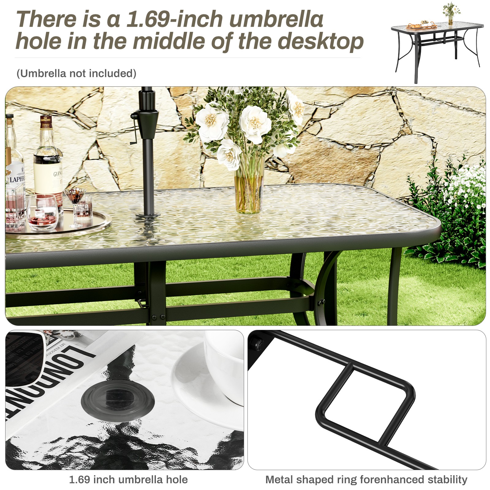 Patio Dining Table Garden Rectangular Tempered Glass Table for Patio & Backyard