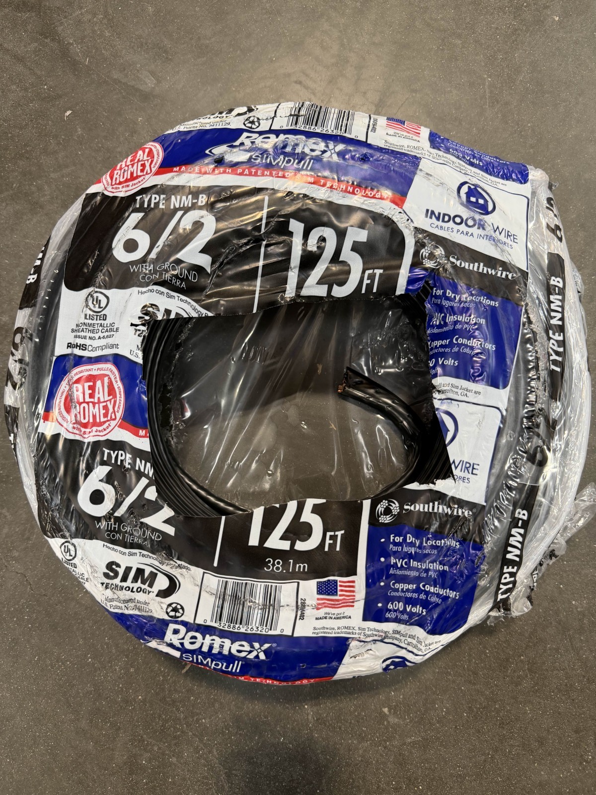 Southwire 125 ft. 6/2 Stranded Romex SIMpull CU NM-B W/G Black Wire