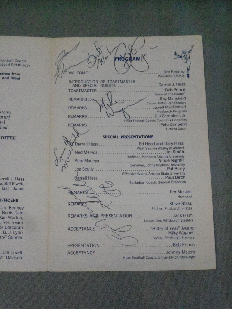 Bob Prince Pirates, Signed Thompson Run AA Dinner Program (6), JSA, Ham Wagner++